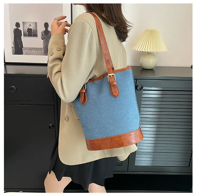 Blue Denim Bucket Bag for Women with Leather Strap — feature 19