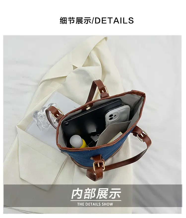 Blue Denim Bucket Bag for Women with Leather Strap — feature 2