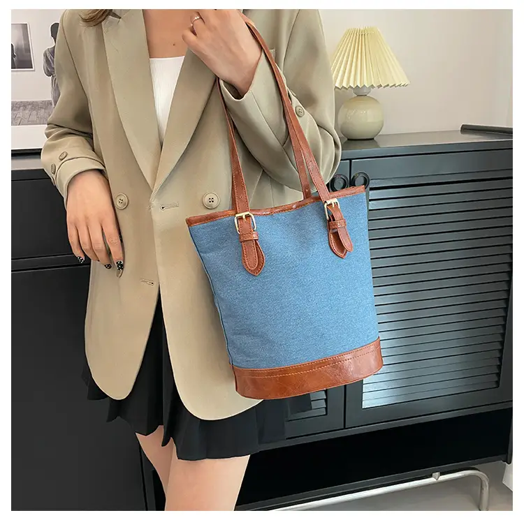 Blue Denim Bucket Bag for Women with Leather Strap — feature 20