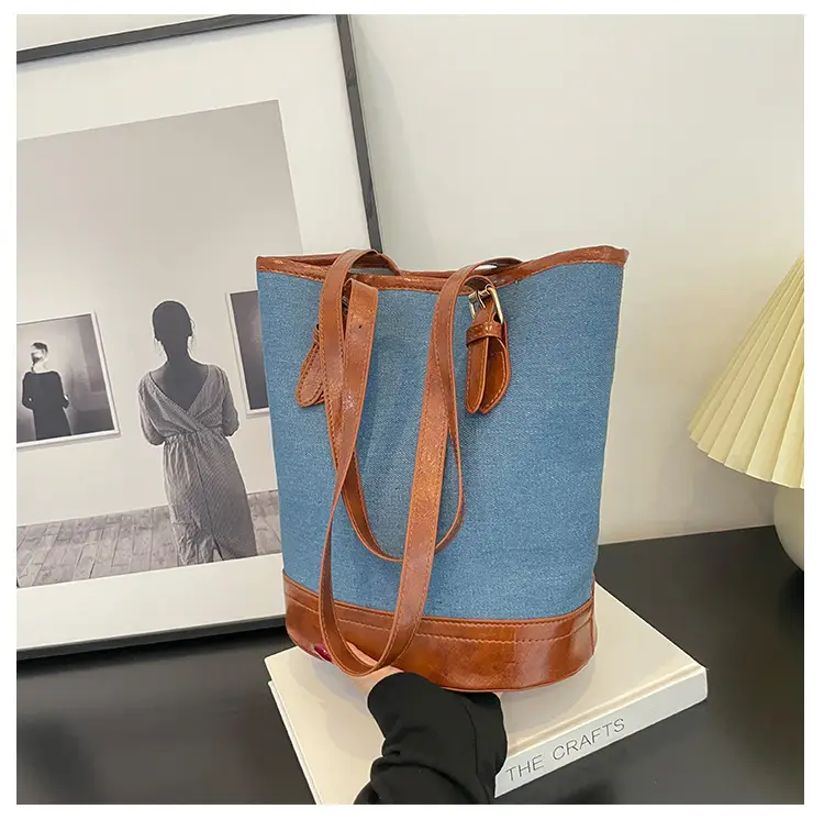 Blue Denim Bucket Bag for Women with Leather Strap — feature 21
