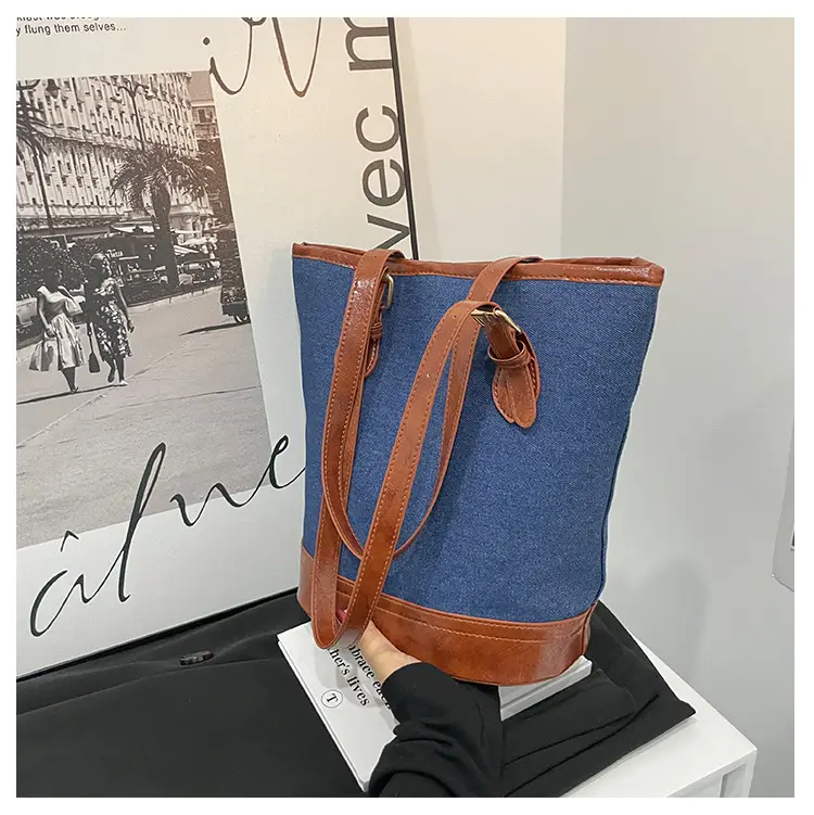 Blue Denim Bucket Bag for Women with Leather Strap — feature 22