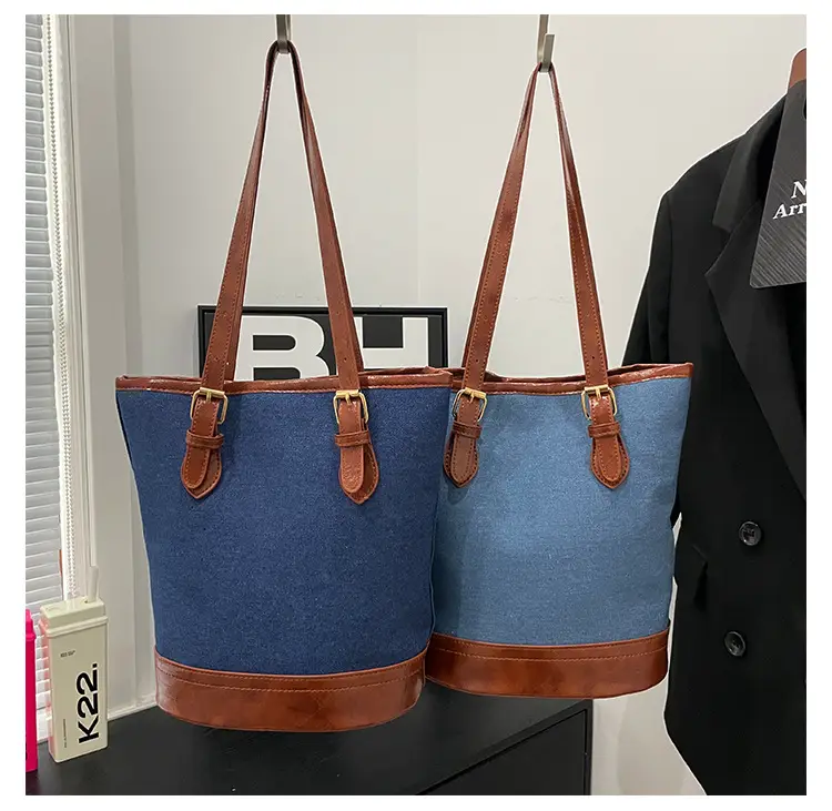 Blue Denim Bucket Bag for Women with Leather Strap — feature 23