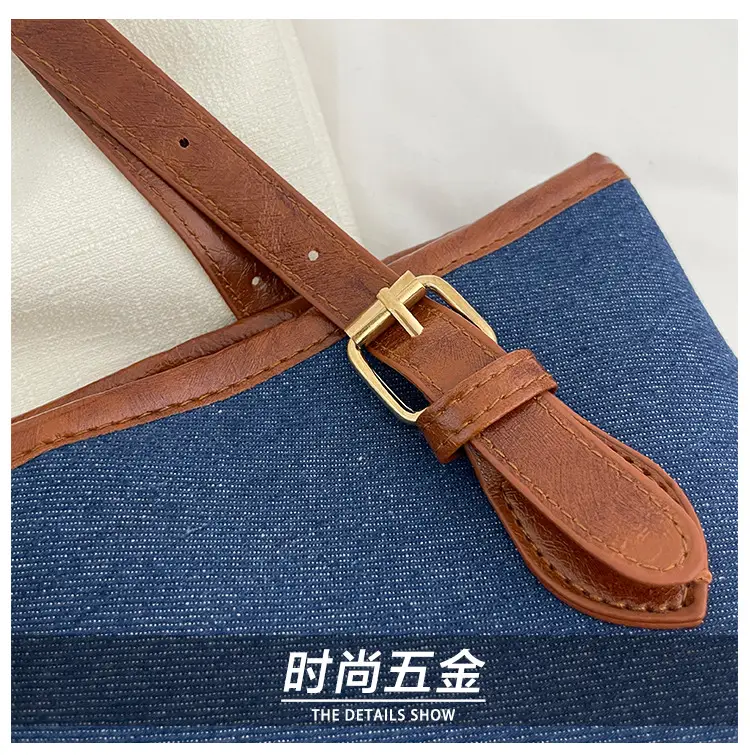 Blue Denim Bucket Bag for Women with Leather Strap — feature 3