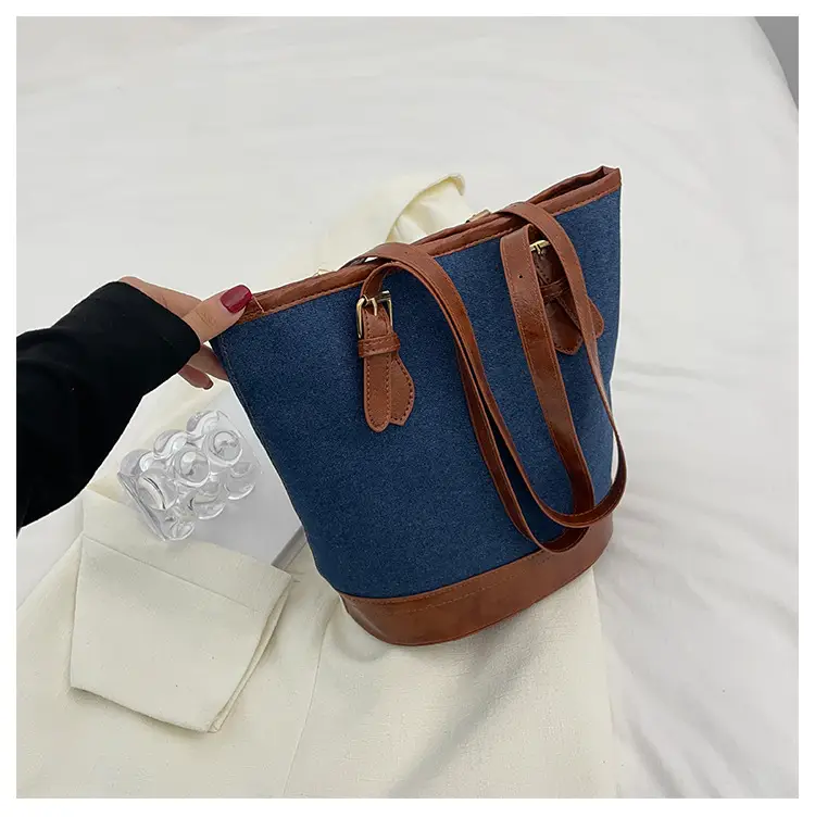 Blue Denim Bucket Bag for Women with Leather Strap — feature 6