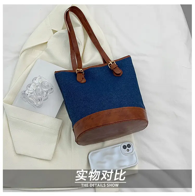 Blue Denim Bucket Bag for Women with Leather Strap — feature 8
