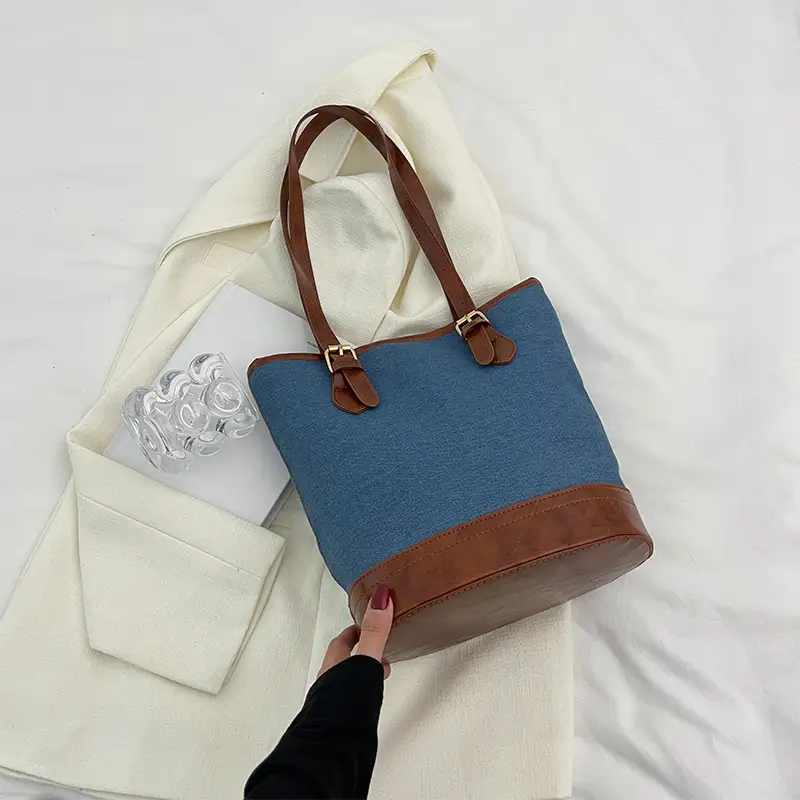 Blue Denim Bucket Bag for Women with Leather Strap - Image 2