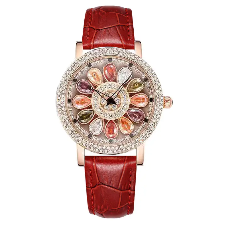 Women's Rainbow Rhinestone Watch with Black Leather Strap - Image 3