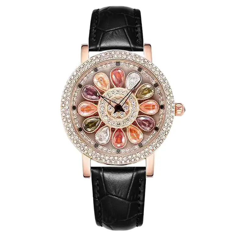 Women's Rainbow Rhinestone Watch with Black Leather Strap - Image 4