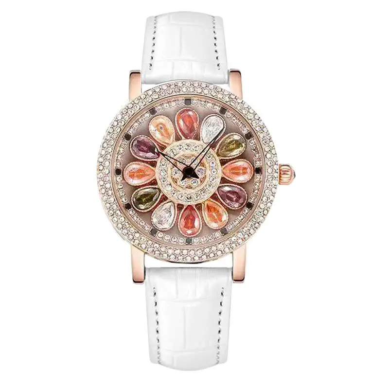 Women's Rainbow Rhinestone Watch with Black Leather Strap - Image 2