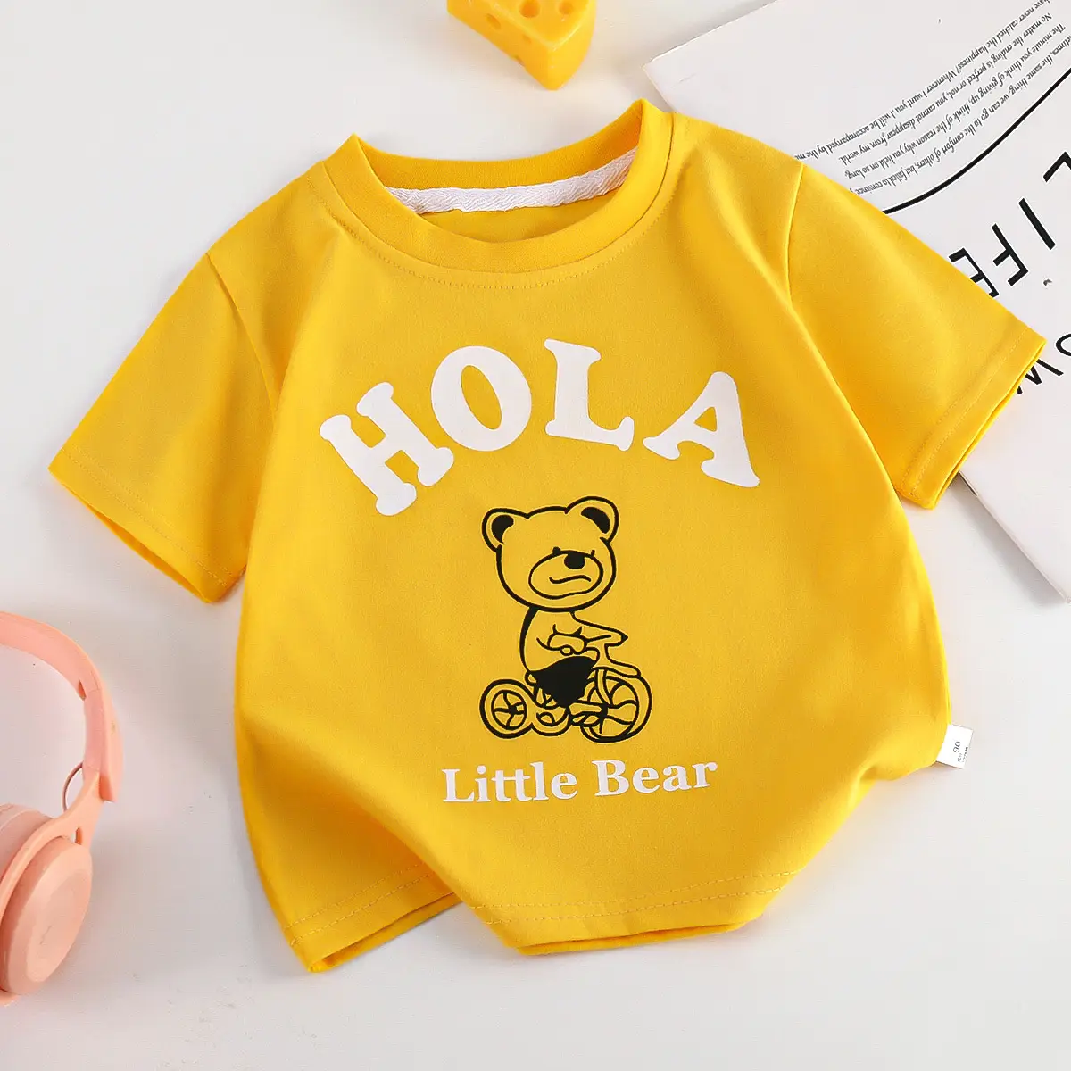 Kids Yellow Hello Bear T-Shirt Short Sleeve Cotton