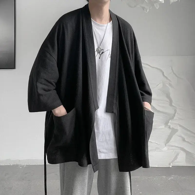 Men's Black Linen Loose Sleeve Shirt Large Pocket