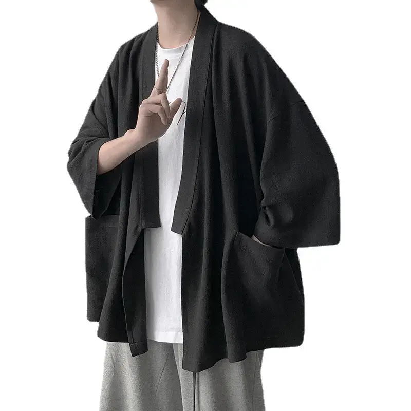 Men's Black Linen Loose Sleeve Shirt Large Pocket