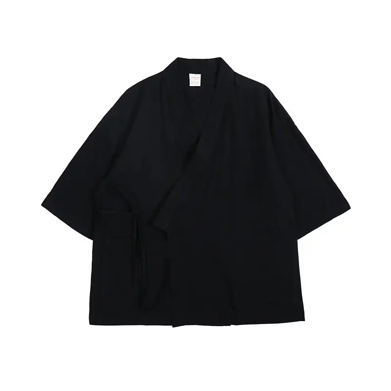 Men's Black Linen Loose Sleeve Shirt Large Pocket