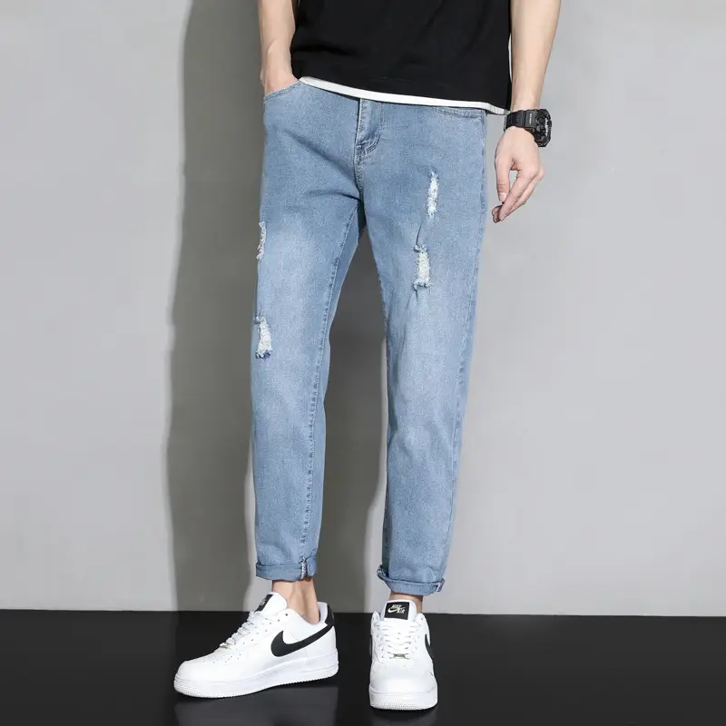 Men's Light Blue Ripped Nine Jeans Slim Fit