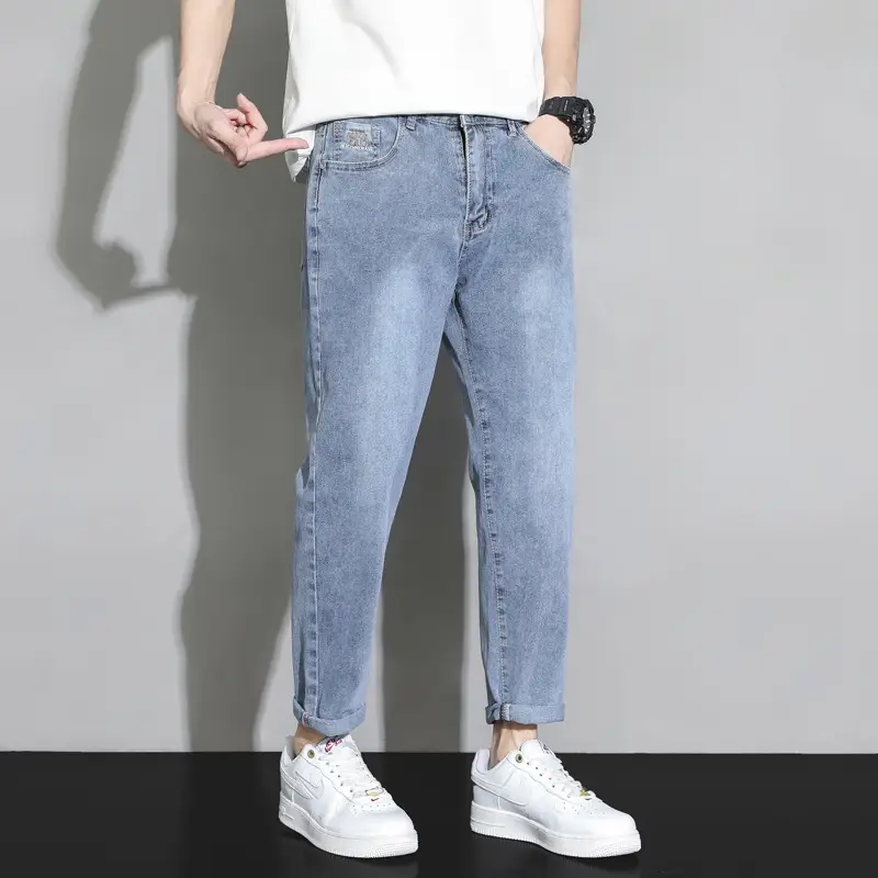 Men's Light Blue Ripped Nine Jeans Slim Fit