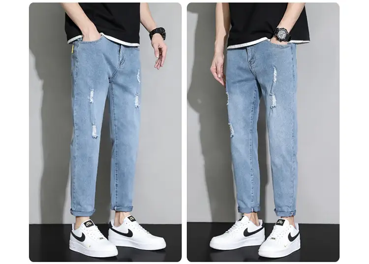 Men's Light Blue Ripped Nine Jeans Slim Fit — feature 15