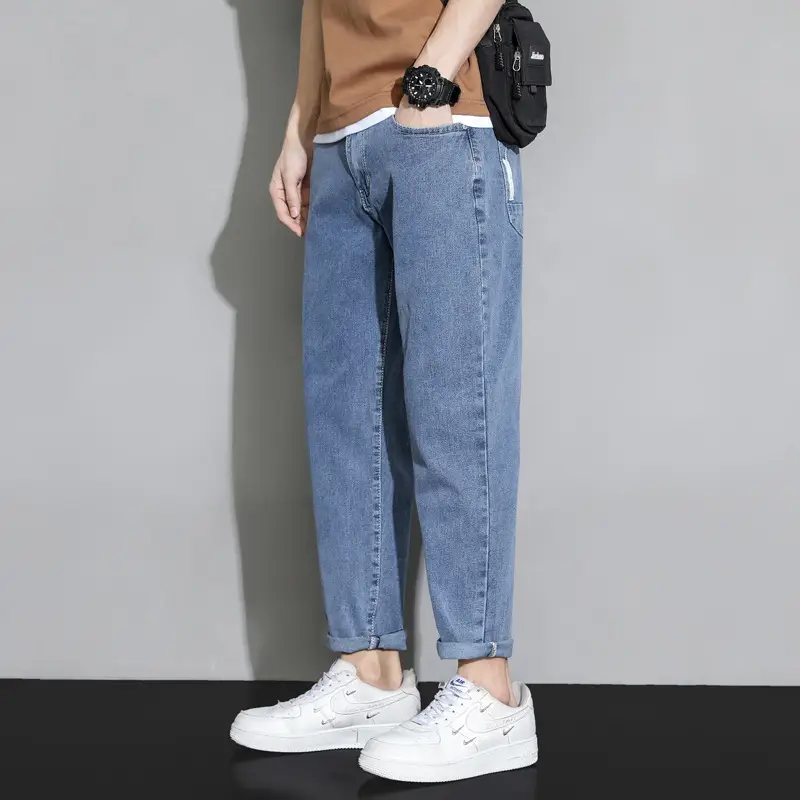 Men's Light Blue Ripped Nine Jeans Slim Fit