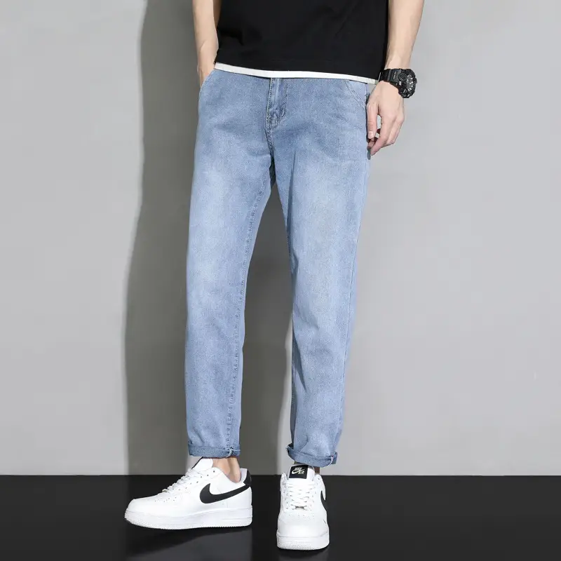 Men's Light Blue Ripped Nine Jeans Slim Fit