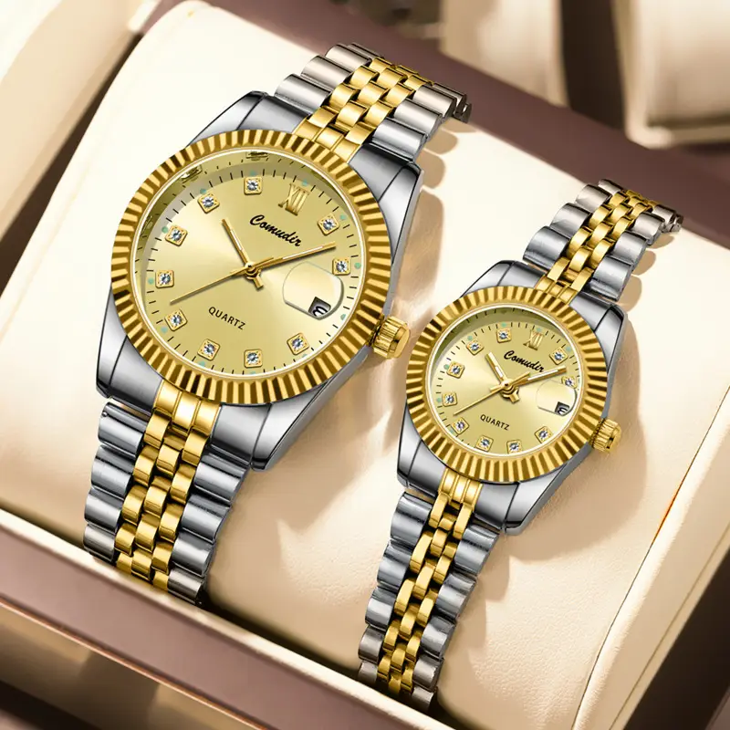 Couple Watches Gold Silver Quartz Calendar Pair - Image 10