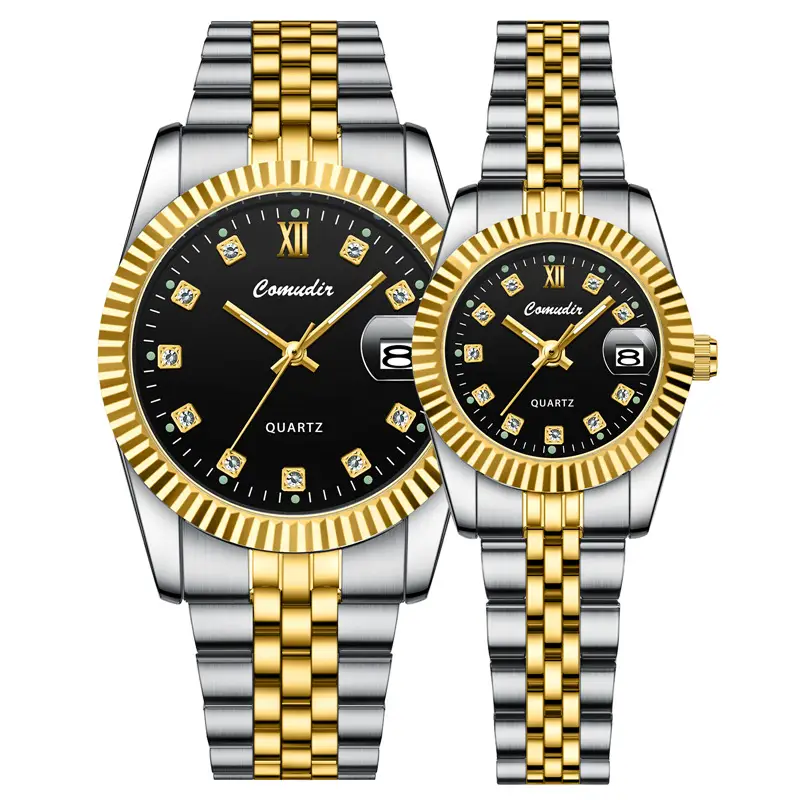 Couple Watches Gold Silver Quartz Calendar Pair - Image 11