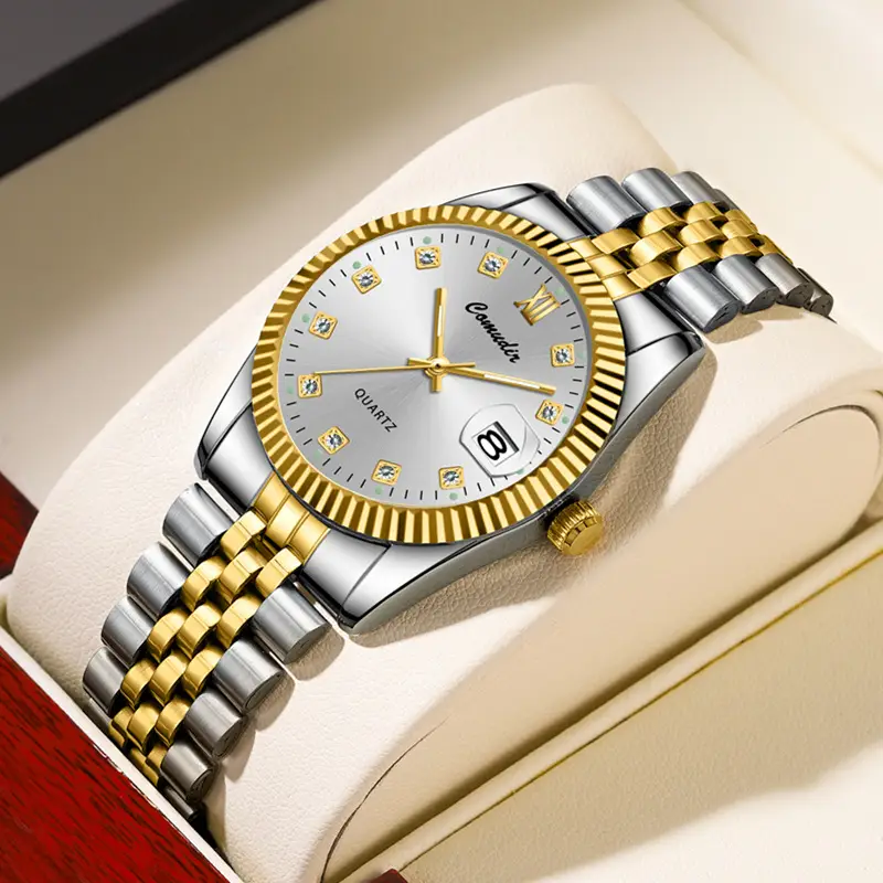 Couple Watches Gold Silver Quartz Calendar Pair — feature 8