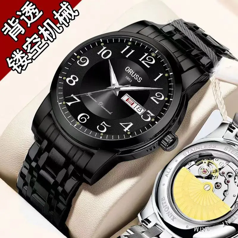 Men's Gold Mechanical Watch with Luminous Dial & Skeleton Back - Image 4