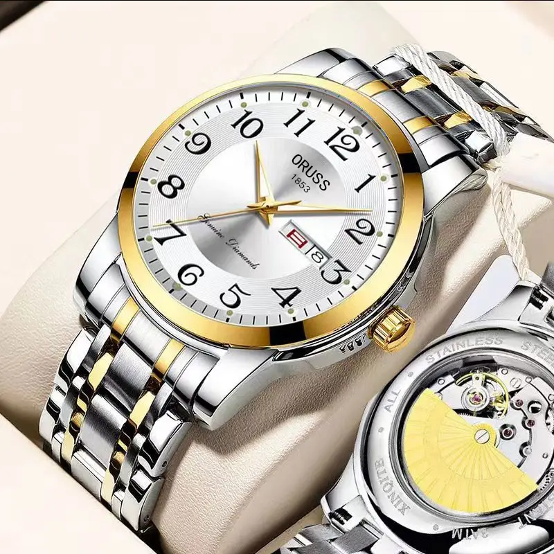 Men's Gold Mechanical Watch with Luminous Dial & Skeleton Back — feature 1
