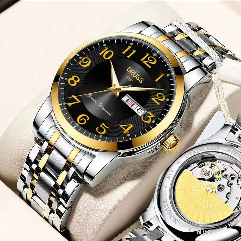 Men's Gold Mechanical Watch with Luminous Dial & Skeleton Back — feature 4