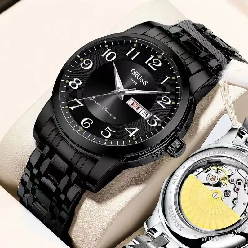 Men's Gold Mechanical Watch with Luminous Dial & Skeleton Back — feature 5