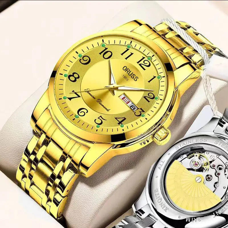 Men's Gold Mechanical Watch with Luminous Dial & Skeleton Back — feature 6
