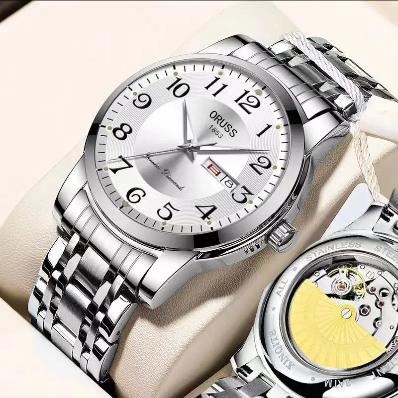 Men's Gold Mechanical Watch with Luminous Dial & Skeleton Back - Image 5