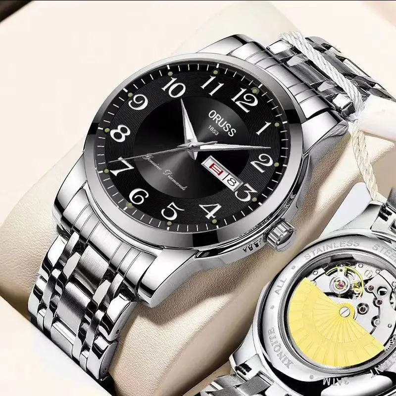 Men's Gold Mechanical Watch with Luminous Dial & Skeleton Back - Image 6