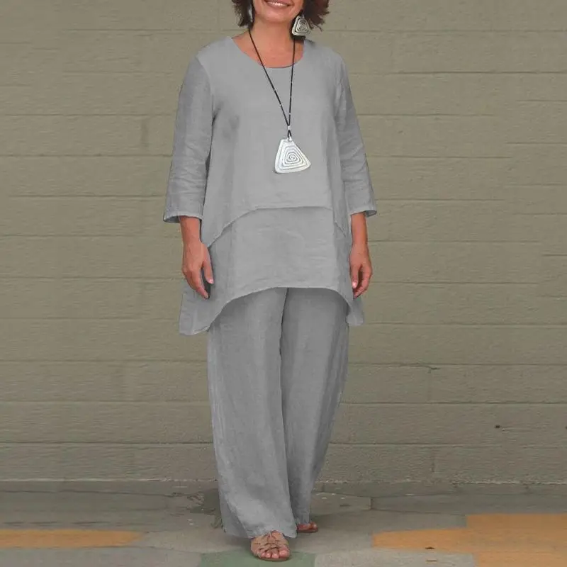 2023 Women Cotton Linen Casual White Large Irregular Long Sleeve Wide Leg Pants Set - Image 3