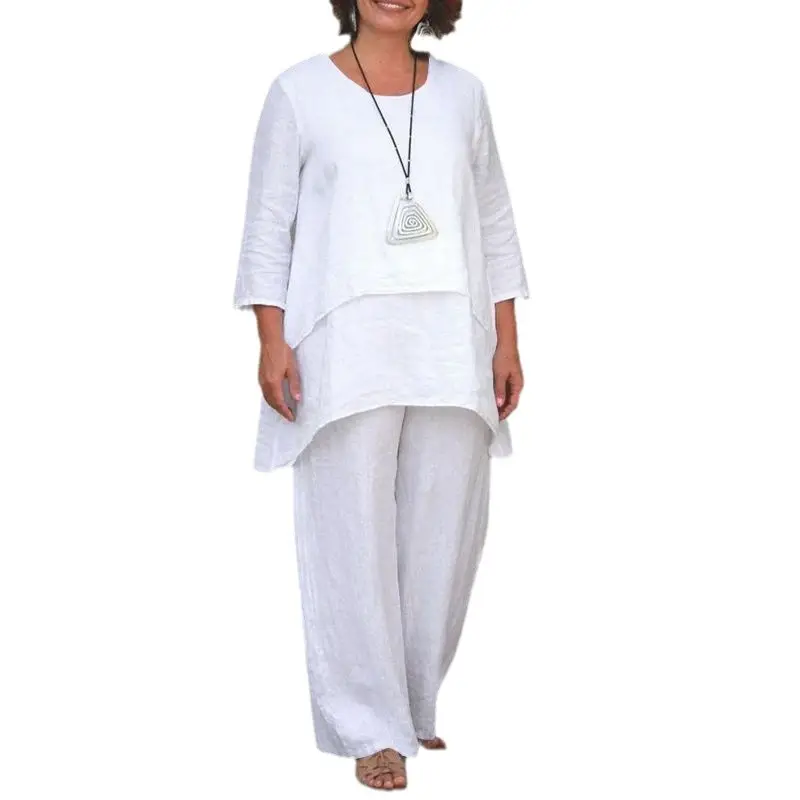 2023 Women Cotton Linen Casual White Large Irregular Long Sleeve Wide Leg Pants Set - Image 8