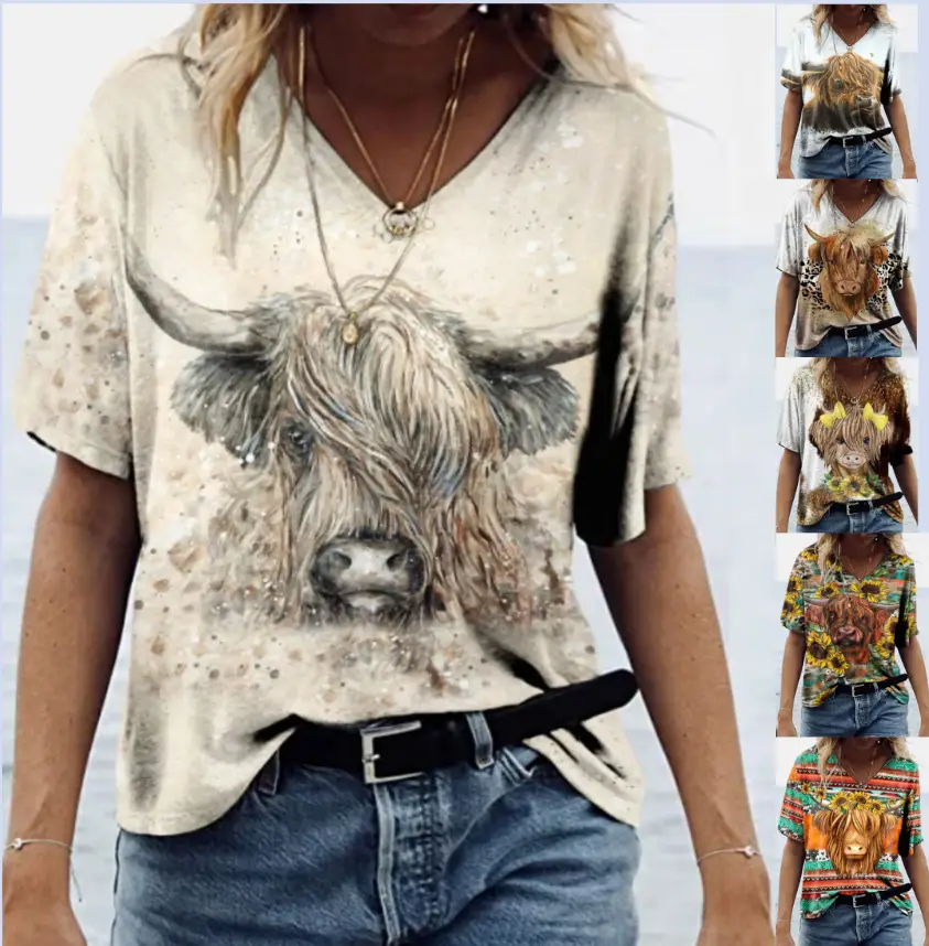 Foreign trade cross-border new Amazon independent station Western cow head style collar short sleeve loose top T-shirt women's clothing