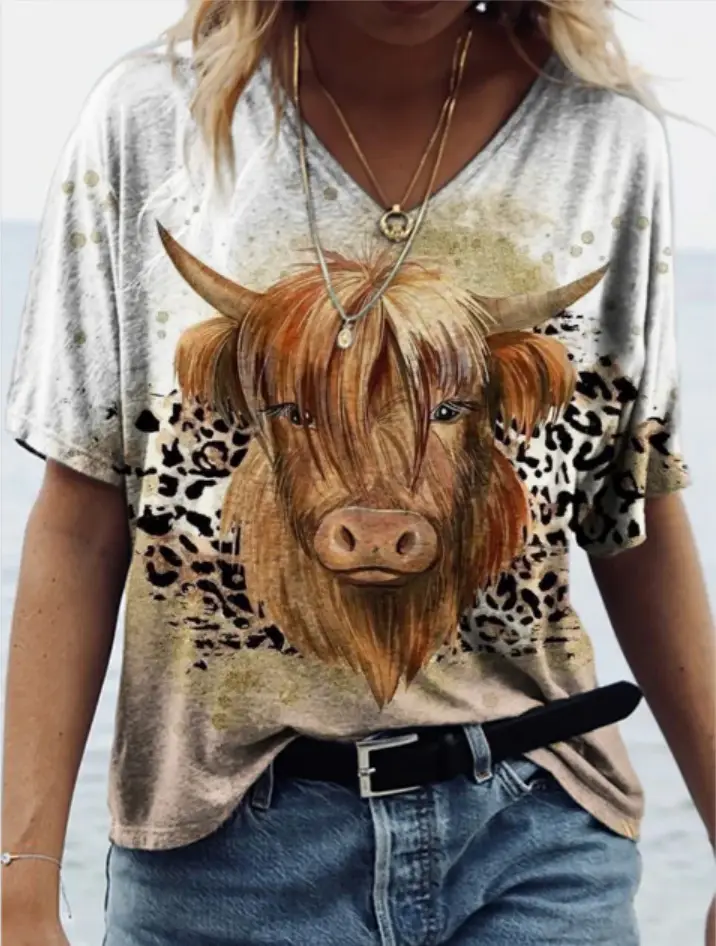 Foreign trade cross-border new Amazon independent station Western cow head style collar short sleeve loose top T-shirt women's clothing