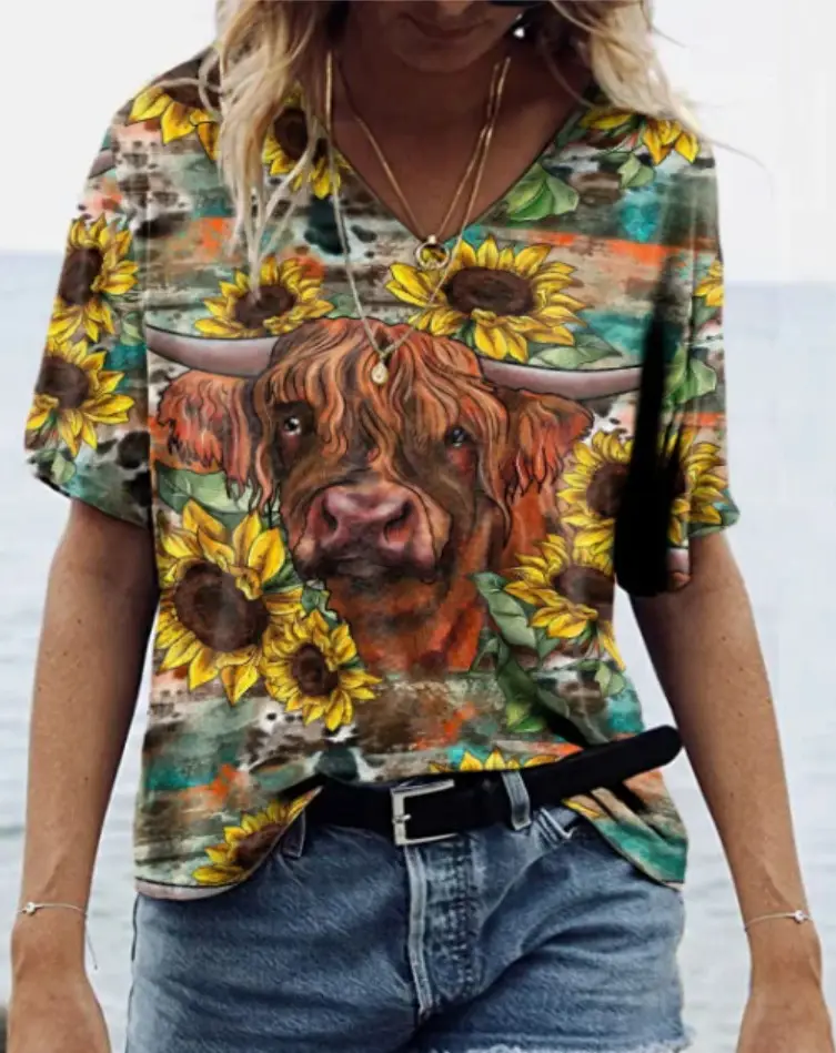 Foreign trade cross-border new Amazon independent station Western cow head style collar short sleeve loose top T-shirt women's clothing