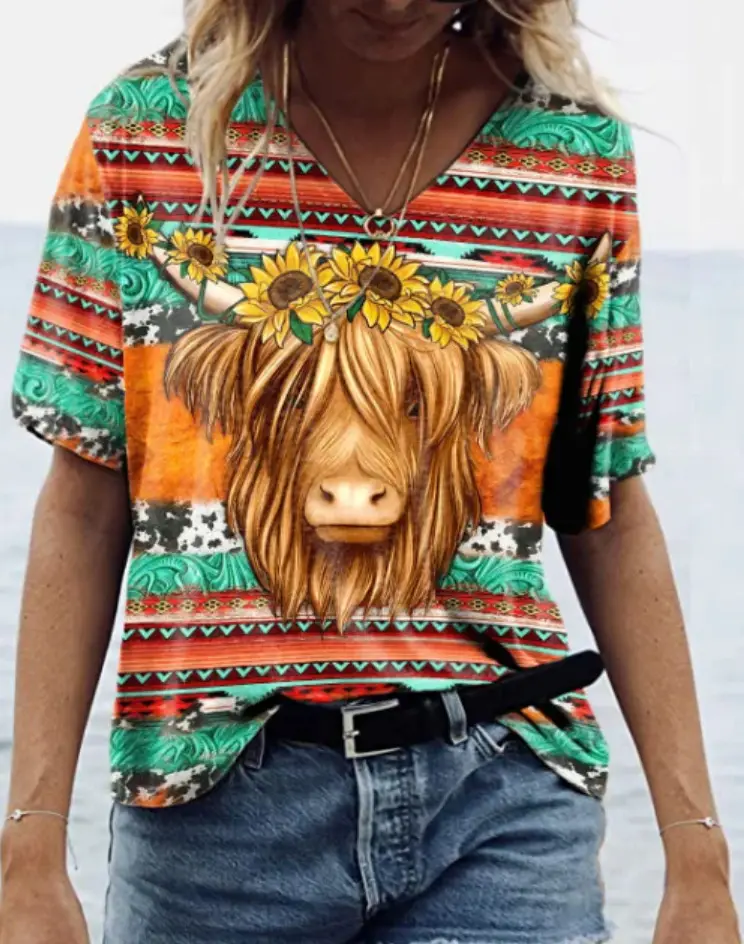 Foreign trade cross-border new Amazon independent station Western cow head style collar short sleeve loose top T-shirt women's clothing