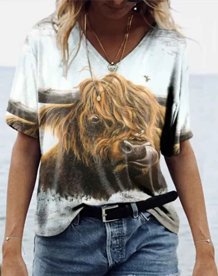 Foreign trade cross-border new Amazon independent station Western cow head style collar short sleeve loose top T-shirt women's clothing