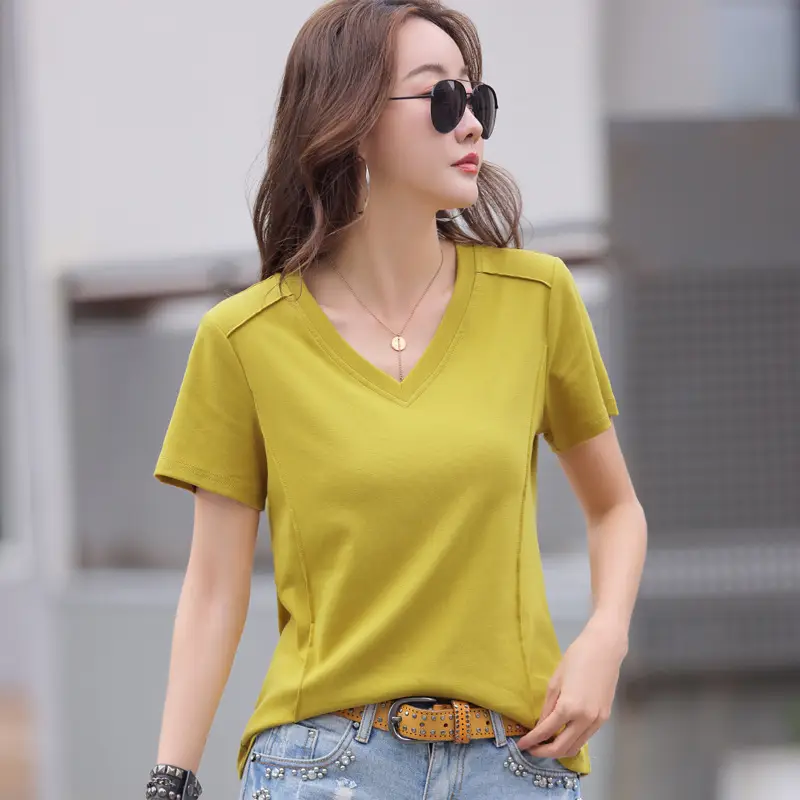 Women V-Neck Cotton T-Shirt Brown Short Sleeve - Image 4