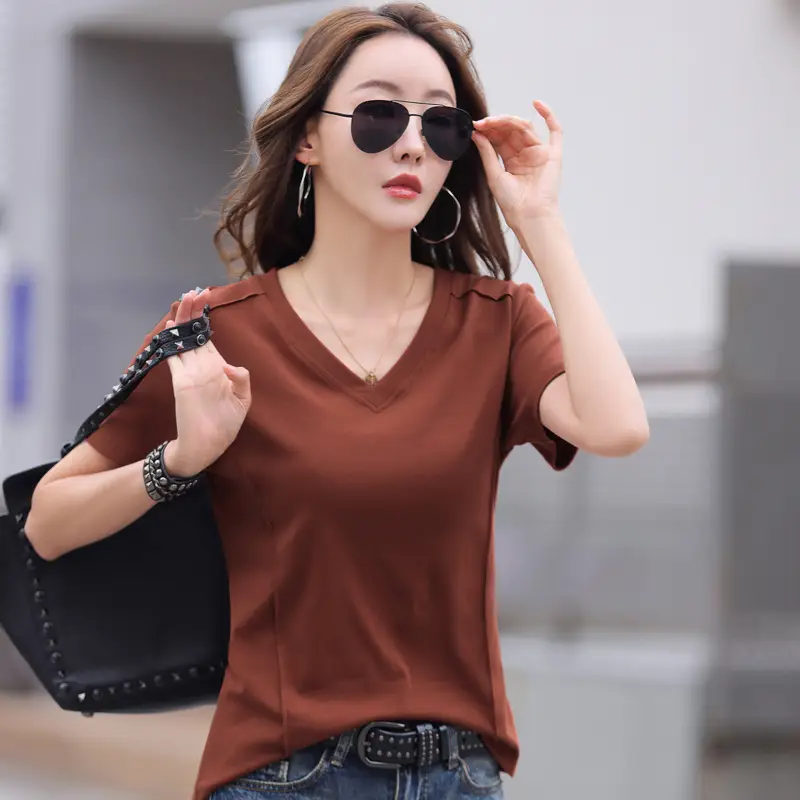 Women V-Neck Cotton T-Shirt Brown Short Sleeve - Image 5