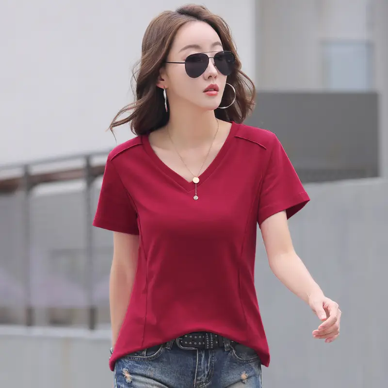 Women V-Neck Cotton T-Shirt Brown Short Sleeve - Image 3