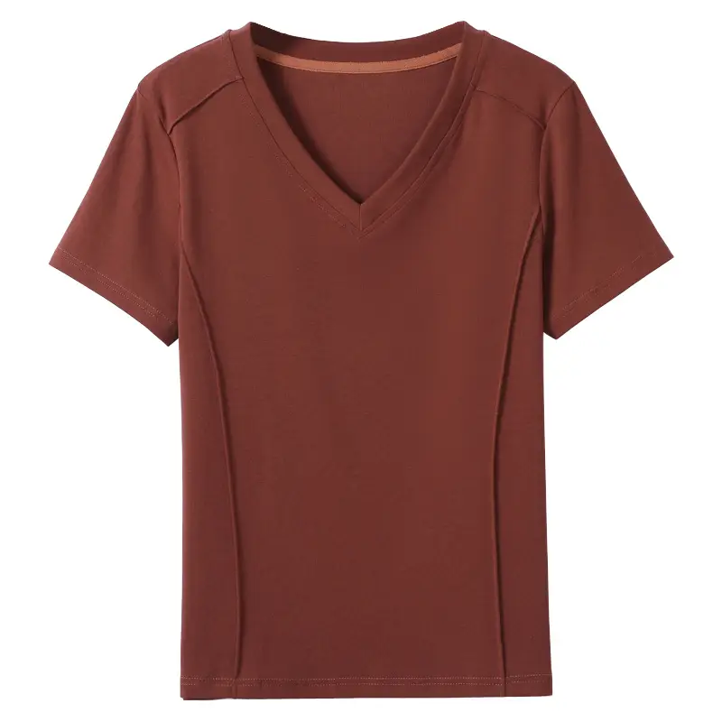 Women V-Neck Cotton T-Shirt Brown Short Sleeve - Image 6