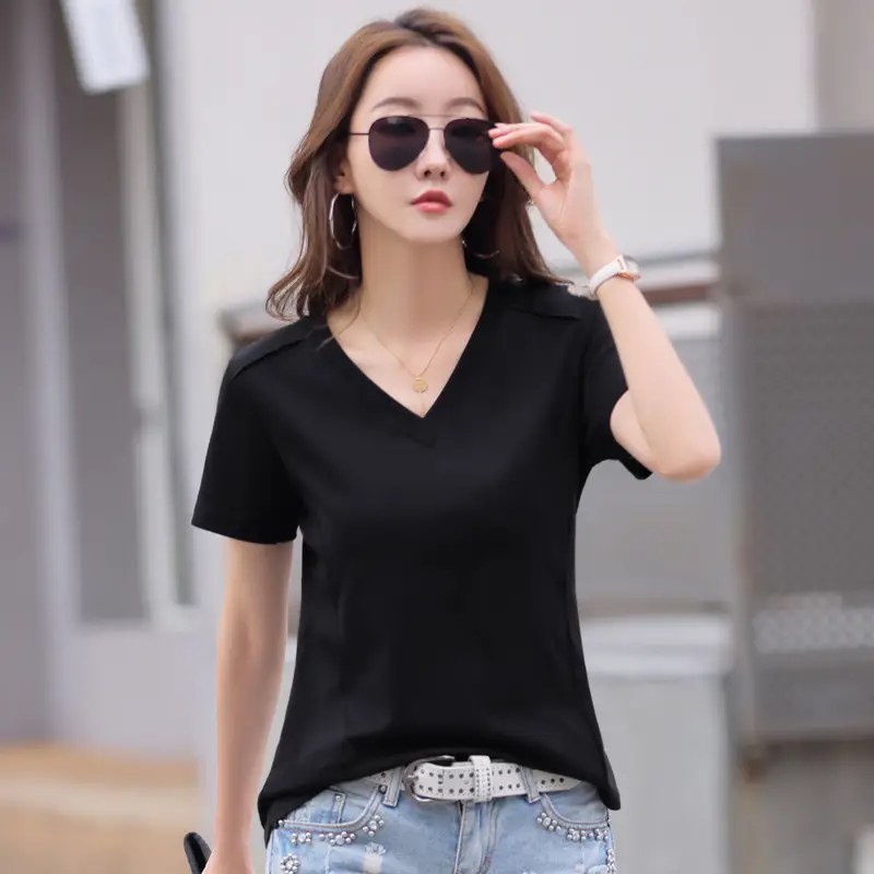 Women V-Neck Cotton T-Shirt Brown Short Sleeve - Image 2