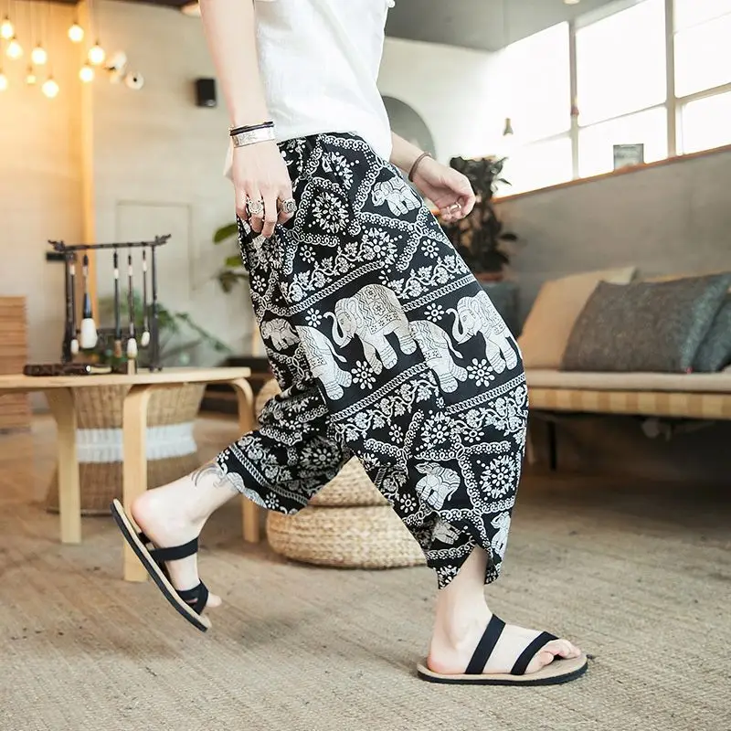 Thai Elephant Print Wide Leg Pants Men Cotton Linen - Image 6
