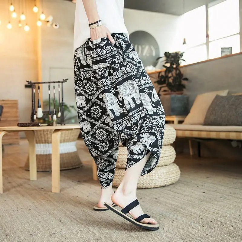 Thai Elephant Print Wide Leg Pants Men Cotton Linen - Image 7