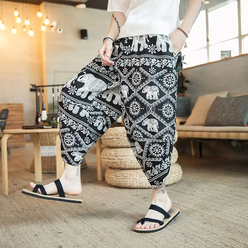 Thai Elephant Print Wide Leg Pants Men Cotton Linen - Image 8