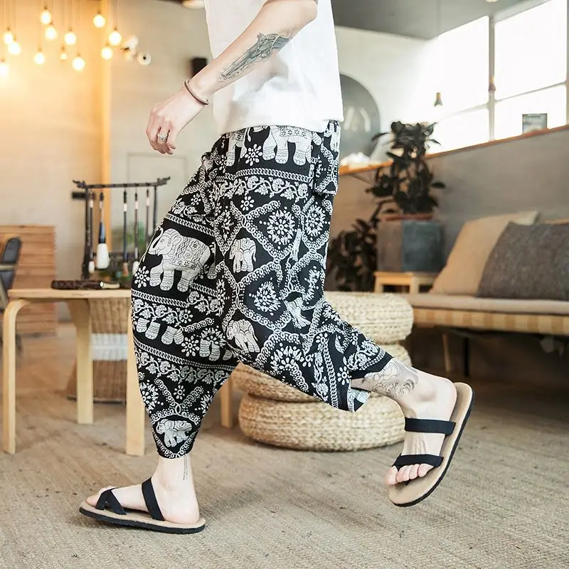Thai Elephant Print Wide Leg Pants Men Cotton Linen - Image 9