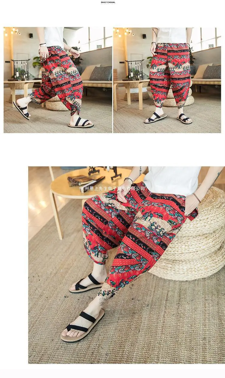 Thai Elephant Print Wide Leg Pants Men Cotton Linen — feature 10