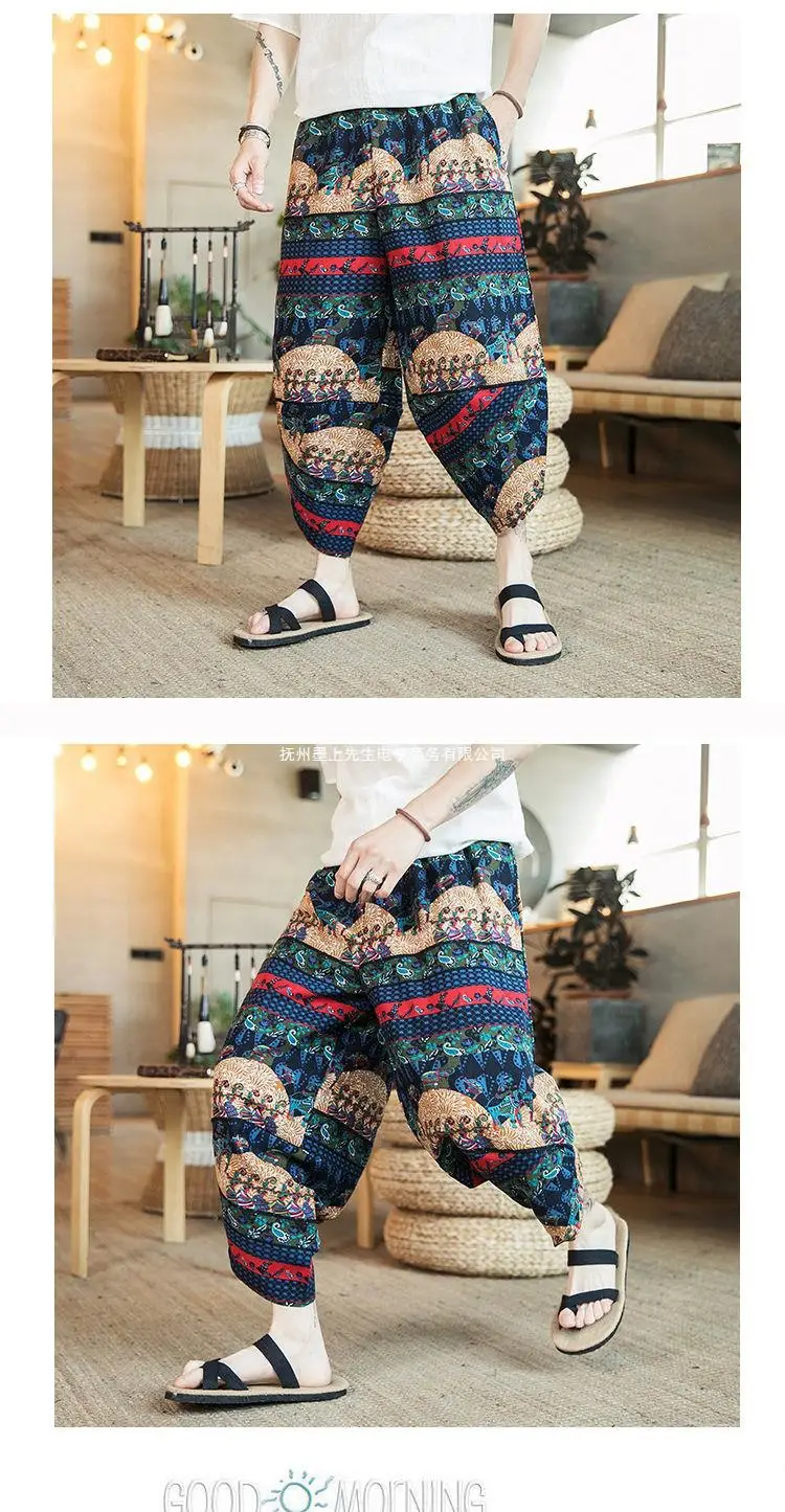 Thai Elephant Print Wide Leg Pants Men Cotton Linen — feature 12